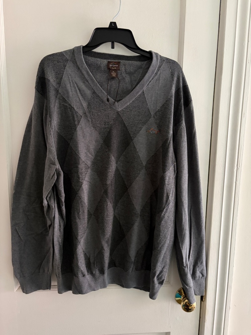 Greg Norman Collection Men's Dark Gray Argyle V-Neck Sweater